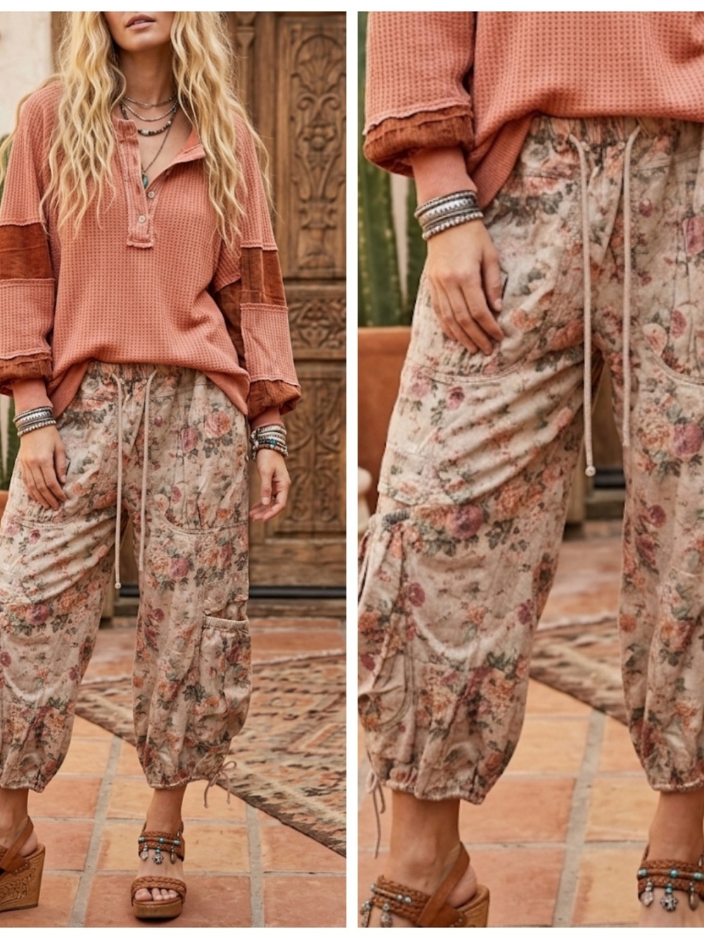 Floral Vintage Wash Cargo Jogger Pants in Beige